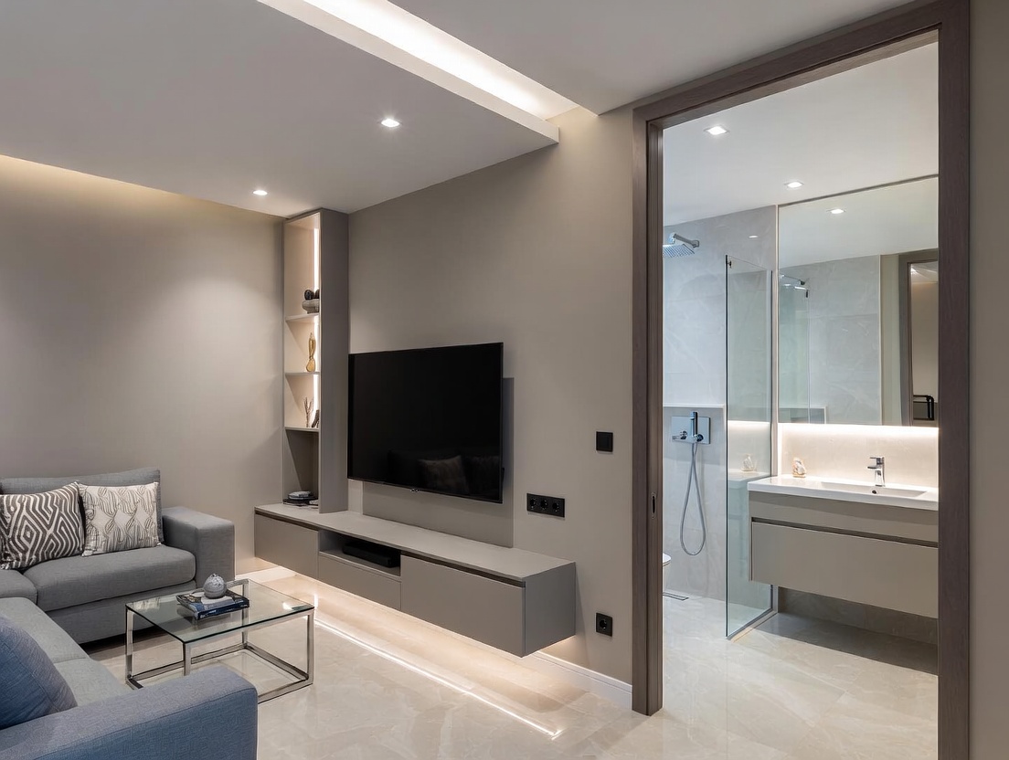 Modern room and bathroom with LED lighting